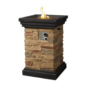 teamson home 40,000 btu square slate rock look steel outdoor fire pit pillar outside propane gas firepit with 6.6 pounds lava rocks and pvc cover for patio garden backyard, 20 inch, brown