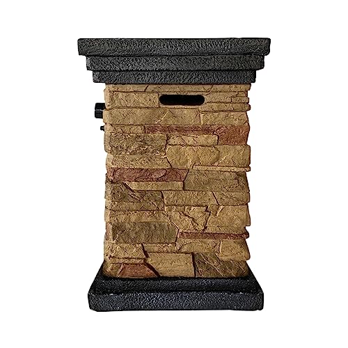 Teamson Home 40,000 BTU Square Slate Rock Look Steel Outdoor Fire Pit Pillar Outside Propane Gas Firepit with 6.6 Pounds Lava Rocks and PVC Cover for Patio Garden Backyard, 20 Inch, Brown