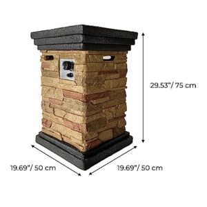 Teamson Home 40,000 BTU Square Slate Rock Look Steel Outdoor Fire Pit Pillar Outside Propane Gas Firepit with 6.6 Pounds Lava Rocks and PVC Cover for Patio Garden Backyard, 20 Inch, Brown