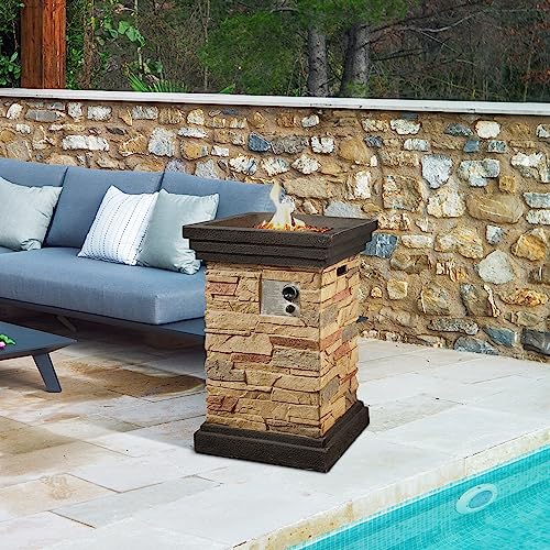 Teamson Home 40,000 BTU Square Slate Rock Look Steel Outdoor Fire Pit Pillar Outside Propane Gas Firepit with 6.6 Pounds Lava Rocks and PVC Cover for Patio Garden Backyard, 20 Inch, Brown