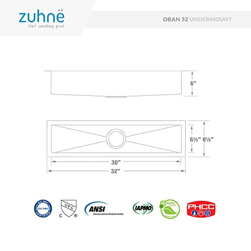 Oban 32 inch Undermount 16 Gauge Stainless Steel Trough Wet Bar or Prep Sink by Zuhne