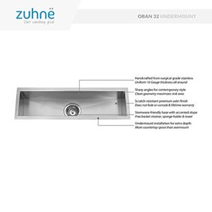 Oban 32 inch Undermount 16 Gauge Stainless Steel Trough Wet Bar or Prep Sink by Zuhne