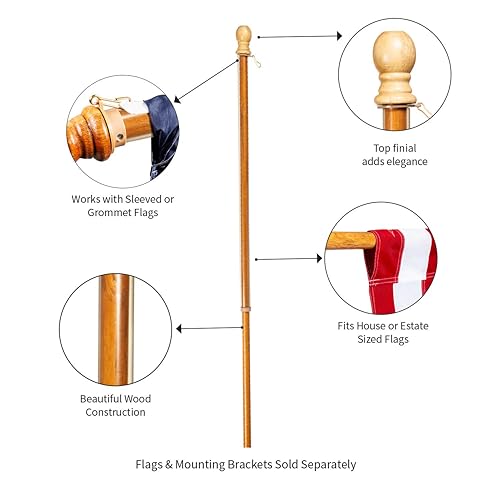 Evergreen Solid Wood 56" Flag Pole | Single Holder Ring Clip and Spinning Anti-Wrap Tube | Outside Wall Mounted | House and 3'x5' American Flags with Sleeve or Grommets | Residential or Commercial | Pole Only