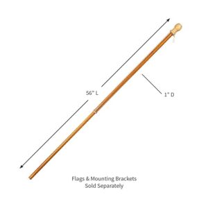 Evergreen Solid Wood 56" Flag Pole | Single Holder Ring Clip and Spinning Anti-Wrap Tube | Outside Wall Mounted | House and 3'x5' American Flags with Sleeve or Grommets | Residential or Commercial | Pole Only