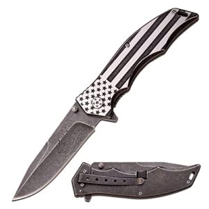 mtech usa xtreme – spring assisted folding knife – stonewashed finish fine edge blade w/ don’t tread on me snake etching, two-tone american flag stainless steel handle, edc, tactical – mx-a849as