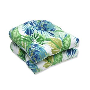 pillow perfect tropic floral indoor/outdoor chair seat cushion, tufted, weather, and fade resistant, 19" x 19", blue/green soleil, 2 count