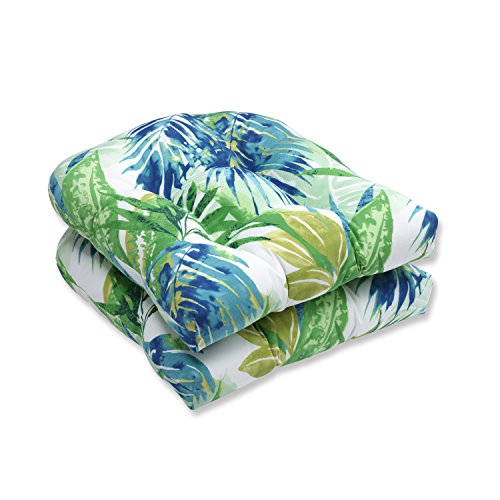 Pillow Perfect Tropic Floral Indoor/Outdoor Chair Seat Cushion, Tufted, Weather, and Fade Resistant, 19" x 19", Blue/Green Soleil, 2 Count