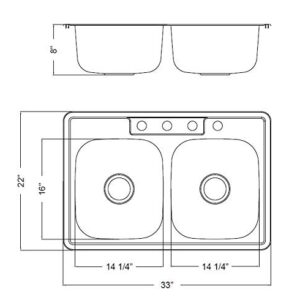 MSDP5050P 33" x 22" Stainless Steel Drop In Double Bowl Kitchen Sink with Drain Assembly