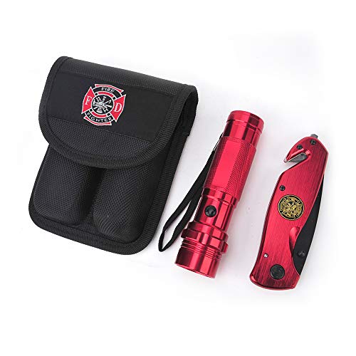 Barton Outdoor Survival Knife and Flashlight Set - Red Finish - Firefighter - LED Light - 3.5" Blade - Seat Belt Cutter, Glass Breaker, Knife Handle and Pouch - Personalized Engraving