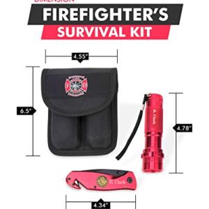 Barton Outdoor Survival Knife and Flashlight Set - Red Finish - Firefighter - LED Light - 3.5" Blade - Seat Belt Cutter, Glass Breaker, Knife Handle and Pouch - Personalized Engraving