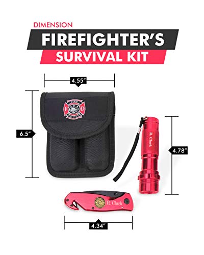 Barton Outdoor Survival Knife and Flashlight Set - Red Finish - Firefighter - LED Light - 3.5" Blade - Seat Belt Cutter, Glass Breaker, Knife Handle and Pouch - Personalized Engraving