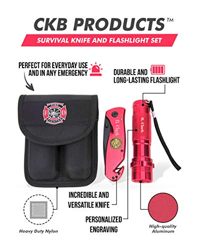 Barton Outdoor Survival Knife and Flashlight Set - Red Finish - Firefighter - LED Light - 3.5" Blade - Seat Belt Cutter, Glass Breaker, Knife Handle and Pouch - Personalized Engraving