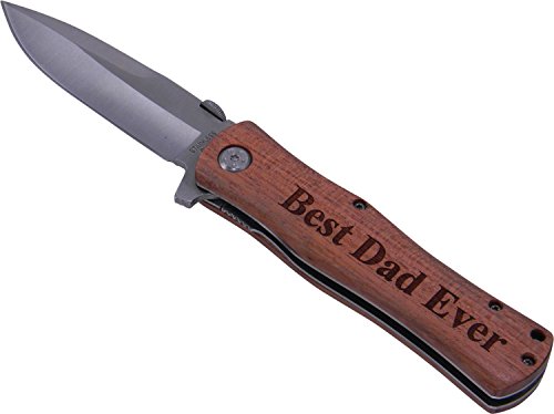 Best Dad Ever Folding Pocket Knife with Pocket Clip - (Wood Handle)