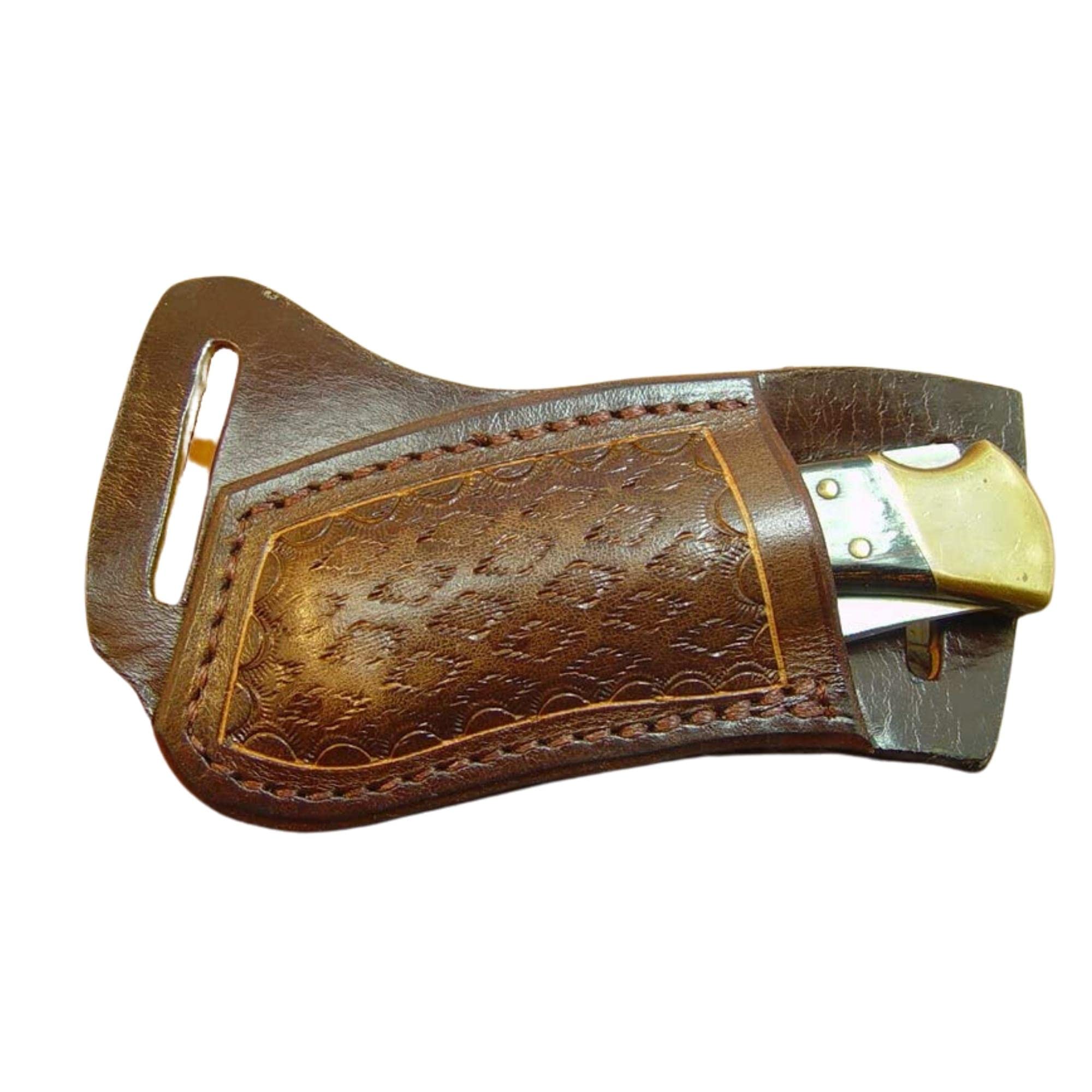 Custom left hand cross draw knife sheath for a buck 110 knife. The sheath is made out of buffalo hide leather hand tooled with a basket weave pattern.