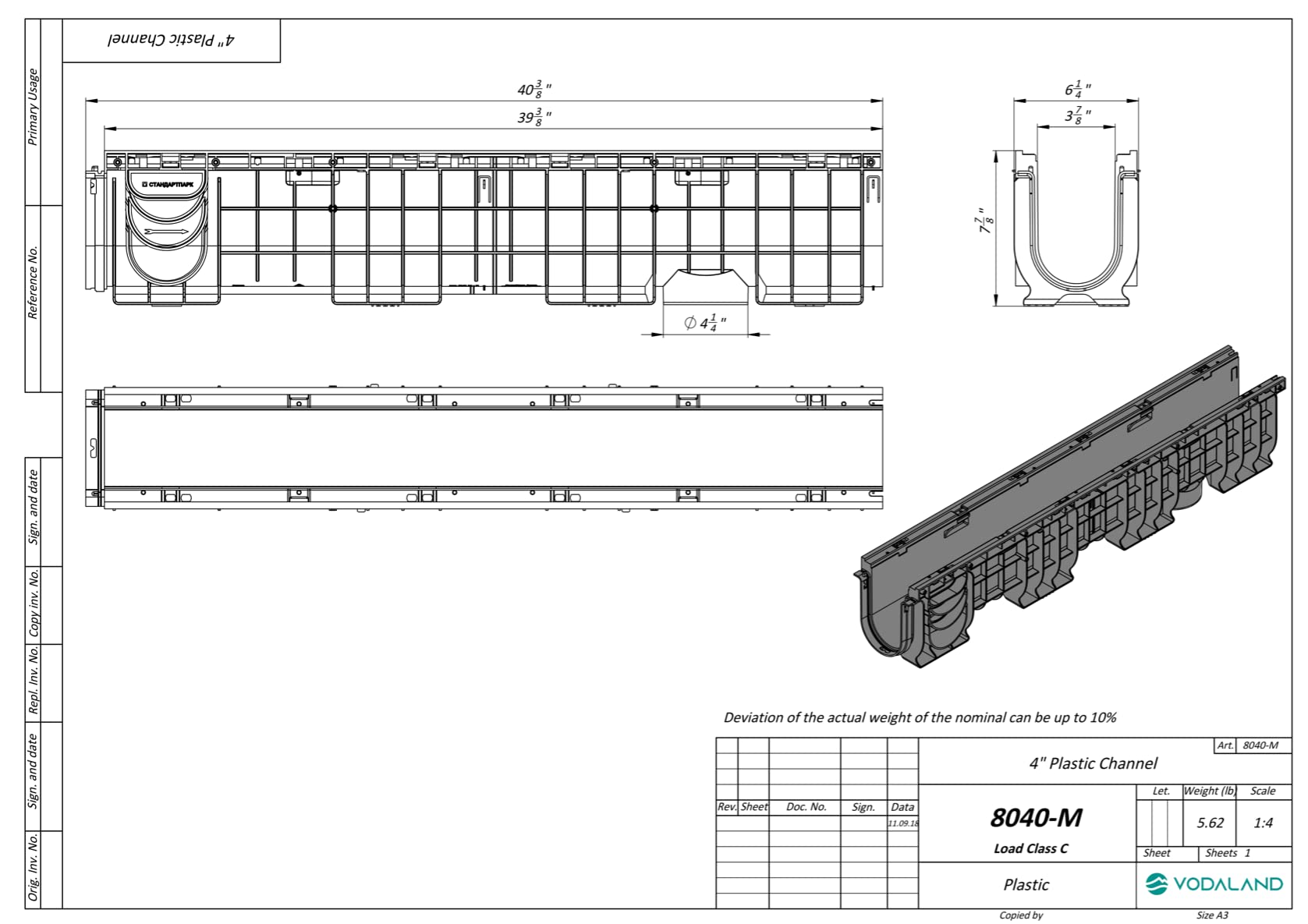 Vodaland - 4 inch Trench Drain cast Iron Package Slotted 8" Depth - PC8040