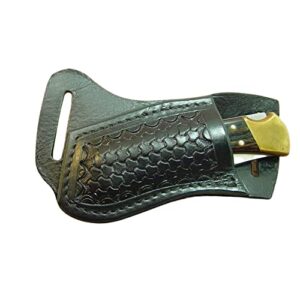 buck custom left hand cross draw knife sheath for a 110 knife. the sheath is made out of buffalo hide leather hand tooled with a basket weave pattern.