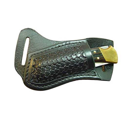 Buck Custom Left Hand Cross Draw Knife Sheath for a 110 Knife. The Sheath is Made Out of Buffalo Hide Leather Hand Tooled with a Basket Weave Pattern.