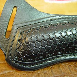 Buck Custom Left Hand Cross Draw Knife Sheath for a 110 Knife. The Sheath is Made Out of Buffalo Hide Leather Hand Tooled with a Basket Weave Pattern.