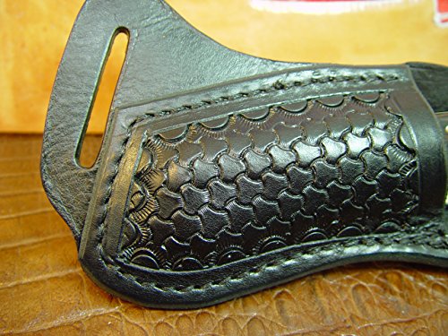 Buck Custom Left Hand Cross Draw Knife Sheath for a 110 Knife. The Sheath is Made Out of Buffalo Hide Leather Hand Tooled with a Basket Weave Pattern.