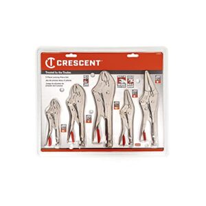 Crescent 5 Piece 5 Inch, 7 Inch & 10 Inch Curved Jaw & 6 Inch & 9 Inch Long Nose Locking Pliers with Wire Cutter - CLP5SETN