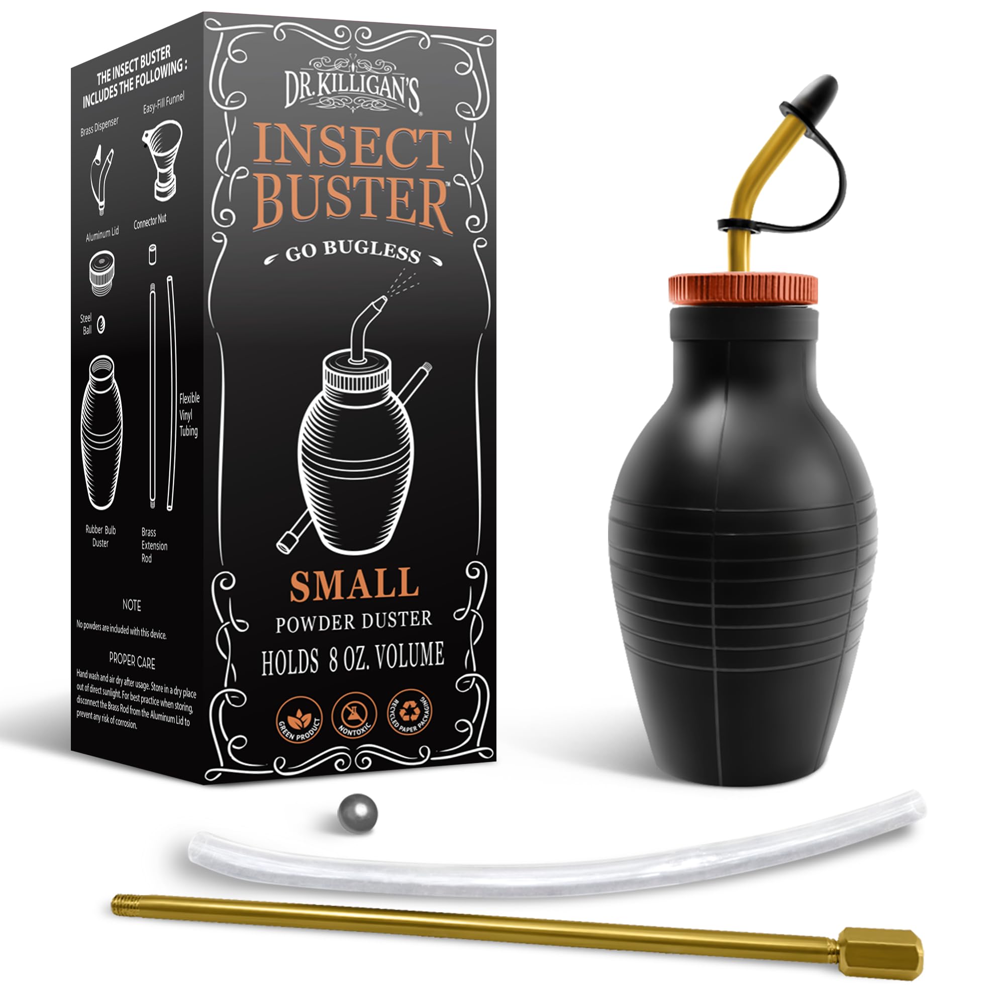 Dr. Killigan's The Insect Buster - Bulb Duster, Sprayer, Applicator, Dispenser for Diatomaceous Earth and Other Powders - a Non-Toxic, Natural and Safe Tool - Small (8oz)