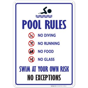 pool rules sign, no diving no running no food no glass, 10x14 inches, rust free .040 aluminum, fade resistant, made in usa by sigo signs