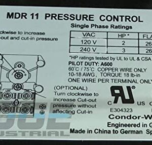 HEAVY DUTY CONDOR USA PRESSURE SWITCH, 26AMP, 11GA2E, 100/125 PSI,1/4" FNPT,DPST, SINGLE PORT