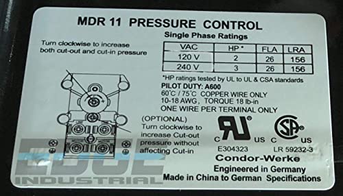 HEAVY DUTY CONDOR USA PRESSURE SWITCH, 26AMP, 11GA2E, 100/125 PSI,1/4" FNPT,DPST, SINGLE PORT