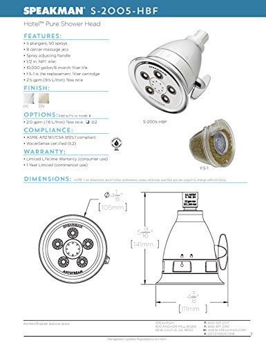 Speakman S-2005-HBF Hotel Pure Luxury Filtered Shower Head with Massage Setting, 2.5 GPM, Polished Chrome