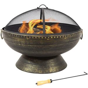 sunnydaze 30-inch fire pit bowl with spark screen, fireplace poker, and metal grate - black high-temperature paint finish