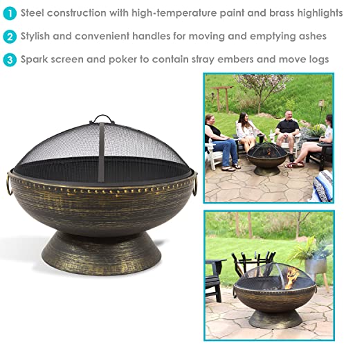 Sunnydaze 30-Inch Fire Pit Bowl with Spark Screen, Fireplace Poker, and Metal Grate - Black High-Temperature Paint Finish