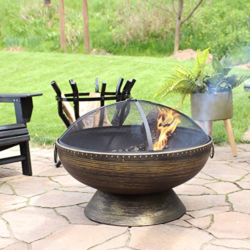 Sunnydaze 30-Inch Fire Pit Bowl with Spark Screen, Fireplace Poker, and Metal Grate - Black High-Temperature Paint Finish