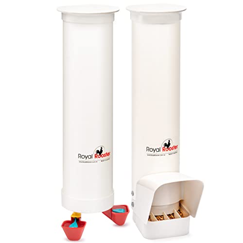 Royal Rooster Chicken Feeder and Waterer Set - Includes 1 Gallon Waterer with 2 Cups and 7lb Feeder for Chickens - Chicken Coop Accessories with Hanging Chicken Poultry Feeder and Chicken Waterer Kit