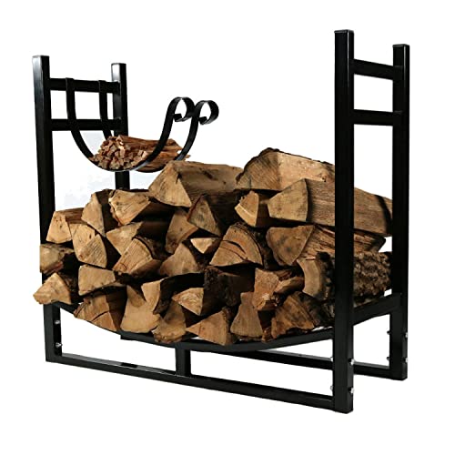 Sunnydaze Firewood Log Rack with Kindling Holder - Indoor/Outdoor Powder-Coated Steel - 33 Inch Wide x 30 Inch Tall - Black