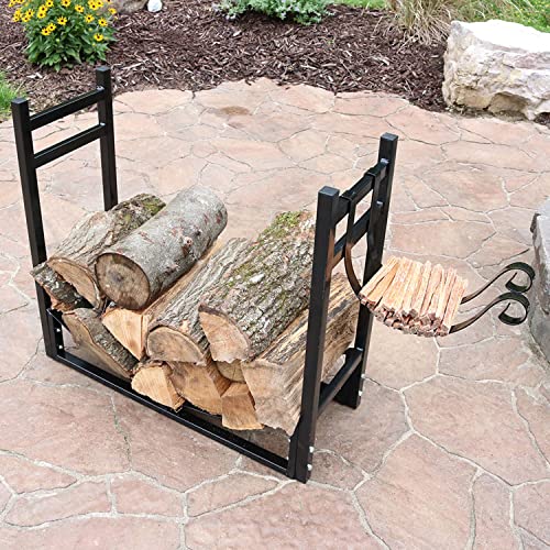 Sunnydaze Firewood Log Rack with Kindling Holder - Indoor/Outdoor Powder-Coated Steel - 33 Inch Wide x 30 Inch Tall - Black