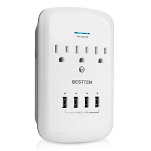 bestten 1200-joule wall mount surge protector, 4 usb charging ports (5vdc/4.2a) and 3 grounded outlets (15a/125v/1875w), etl listed, white