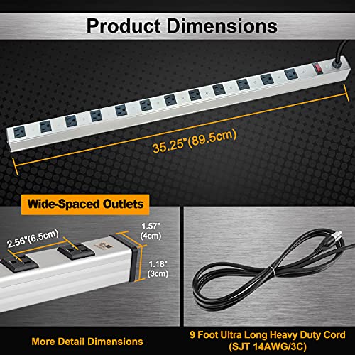 BESTTEN Wide-Spaced 12-Outlet Metal Power Strip Surge Protector with 9ft Long Extension Cord, 15A/125V/1875W, On/Off Switch with Overload Protection, ETL Listed, Silver