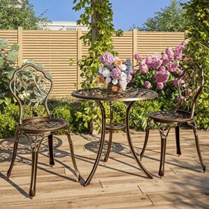 belleze 3 piece bistro set, aluminum bistro table set outdoor bistro set, weather-resistant garden table and chairs wrought iron patio furniture for balcony backyard, leaf design - bronze