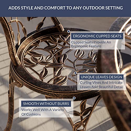 BELLEZE 3 Piece Bistro Set, Aluminum Bistro Table Set Outdoor Bistro Set, Weather-Resistant Garden Table and Chairs Wrought Iron Patio Furniture for Balcony Backyard, Leaf Design - Bronze