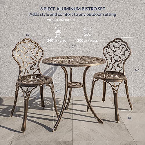 BELLEZE 3 Piece Bistro Set, Aluminum Bistro Table Set Outdoor Bistro Set, Weather-Resistant Garden Table and Chairs Wrought Iron Patio Furniture for Balcony Backyard, Leaf Design - Bronze