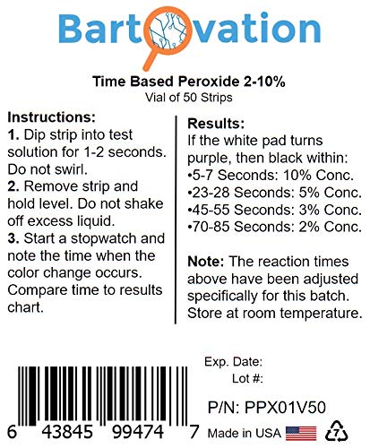 Very High Level Hydrogen Peroxide H2O2 Test Strips, 2-10%, Time Based Test [Vial of 50 Strips]