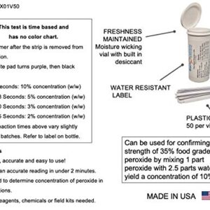 Very High Level Hydrogen Peroxide H2O2 Test Strips, 2-10%, Time Based Test [Vial of 50 Strips]