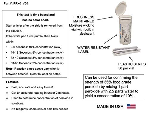 Very High Level Hydrogen Peroxide H2O2 Test Strips, 2-10%, Time Based Test [Vial of 50 Strips]