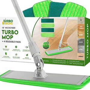 Turbo Microfiber Mop Floor Cleaning System - 18-inch Dust Mop with 4 Reusable Pads for Hardwood and Tile, 360-Spin Floor Mop Head & Extendable Handle - Household Cleaning Tools