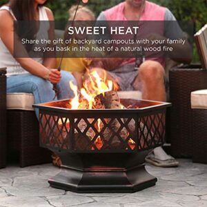 Best Choice Products Hex-Shaped 24in Steel Fire Pit, Black Metal Wood Burning Firepit, Portable Hexagon Fire Bowl for Outside, Patio, Backyard w/Flame-Retardant Mesh Lid
