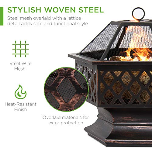 Best Choice Products Hex-Shaped 24in Steel Fire Pit, Black Metal Wood Burning Firepit, Portable Hexagon Fire Bowl for Outside, Patio, Backyard w/Flame-Retardant Mesh Lid