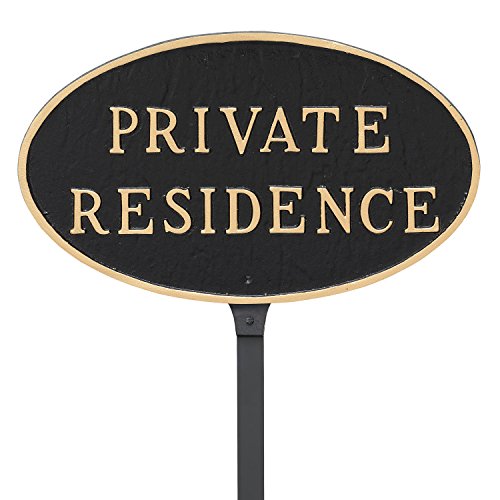 Montague Metal Products 6 x 10-Inch Oval "Private Residence" Plaque with 23-Inch Lawn Stake, Black/Gold