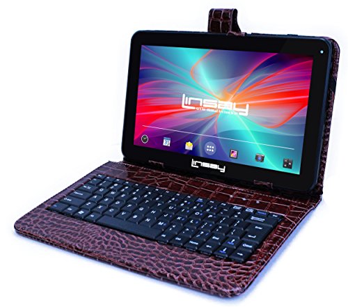 LINSAY 10.1" Quad Core 2GB RAM 32GB Android 11 Tablet with Brown Crocodile Style Keyboard