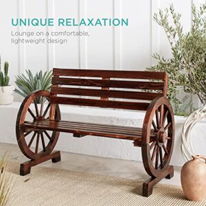 Best Choice Products 2-Person Wooden Wagon Wheel Bench for Backyard, Patio, Porch, Garden, Outdoor Lounge Furniture w/Rustic Country Design, Slatted Seat and Backrest - Brown