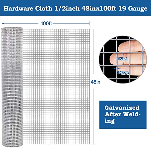 AMAGABELI GARDEN & HOME Hardware Cloth 1/2 inch 48inx100ft Galvanized After Welding 19 Gauge Square Chicken Wire Fence Mesh Roll Raised Garden Bed Plant Supports Poultry Netting Cage Snake Fence JW008